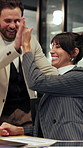 Team, high five and people with laptop in office, financial growth and happy for feedback on website. Colleagues, laugh and celebration for investment success, online or collaboration with technology