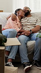 Boxes, black couple and tired with sleep in new house for moving fatigue, unpacking rest and support. Hug, exhausted people and nap on sofa for relocation burnout, property purchase and home security