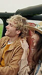 Happy, couple and road trip outdoor with car, travel and adventure for summer holiday. People, laughing or sightseeing in nature with vehicle, partner support and bonding together on vacation getaway
