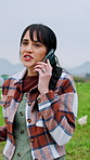 Nature, phone call and woman on poultry farm with communication, feedback or order confirmation. Cellphone, outdoor and farmer on mobile discussion for chicken livestock on ranch in countryside.