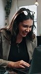 Excited, entrepreneur and businesswoman  with laptop in small business or happy for financial growth. Reading, good news and person with technology, laughing and celebration for achievement on web