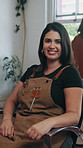 Barbershop, face and happy woman with pride for beauty styling or grooming service in salon. Portrait, female person or stylist with smile on chair for haircare, cut or small business in parlor