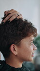 Consulting, customer and talking boy in hairdresser with smile for advice, change or hair maintenance. Conversation, discussion and style question with happy kid in hairdressing workplace for haircut