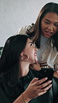 Salon, phone and woman with hairdresser for inspiration, hair treatment and talking at appointment. Happy, stylist and customer on cellphone for reference, internet and consulting for hairstyle