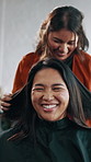 Salon, stylist and happy woman with haircare for grooming, cosmetics or treatment in barbershop. Female person, customer or smile with barber or laughing for hairstyle, trim or cut in beauty parlor