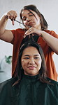 Woman, stylist or barber with haircare in salon for hair cut, grooming or styling in barbershop. Female person, customer or treatment with hairdresser or smile for trim, hairstyle or beauty in parlor