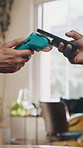 People, hands and phone with pos machine in barbershop for payment, eft or wireless transaction. Barber, customer or online banking with smartphone for checkout or grooming service in salon or parlor