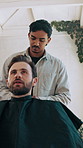 Process, haircare and men in salon with cape, grooming prep and hair advice in appointment. Below, client and stylist with cover, barbershop consultation and maintenance service in wellness routine.