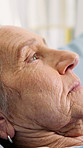 Thinking, old woman and sad in bed at hospital, daydreaming and stress for medical recovery. Worry, senior person and reflection with emotional distress, chronic illness and healthcare rehabilitation
