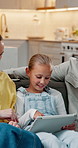 Smile, parents and daughter at house with tablet, social media and browsing website for movies. Happy, people and child in living room with digital, streaming film and comedy video for weekend break
