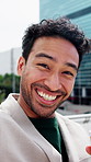 Face, happy and businessman with selfie in city for photography, travel or outdoor memory. Portrait, man or employee with smile or positive attitude for picture or capture moment in an urban town
