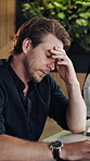 Headache, massage and man in office with laptop, fatigue and pressure pain with brain fog. Overwhelmed, tech and tired employee in agency with migraine strain, burnout and sore head with dizziness.