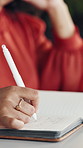 Woman, hands and writing in office with planner, daily administration or goal setting for creative job. Person, notes and journal in business for work schedule, to do and agenda for task management.
