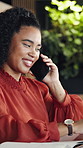 Happy, businesswoman and talk in office with phone call, update or advice for human resources support. Person, smile and HR advisor in agency with tech, contact and discussion for employee relations.