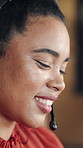 Headset, talking and woman in call center for customer care, banking assistance or loan inquiry. Hotline, consultant and happy person with financial service, help or contact us for account support
