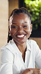 Pride, face or black woman in office with smile, advertisement career or ambition in business growth. Confidence, happy or brand planner with laptop, campaign expert or about us in marketing industry