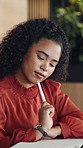 Woman, thinking and writing in office with notebook, brand management and proposal for press release. Person, brainstorming and notes in creative agency with journal, planning PR statement or agenda.
