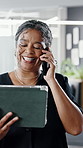 Tablet, phone call and business woman in company for communication, financial feedback or smile. Mature person, tech and talking to contact in workplace for investment, earnings report or laughing