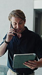 Tablet, phone call and business man in company for communication, financial feedback or smile. Person, tech and talking to contact in workplace for investment, earnings report or walking in hallway