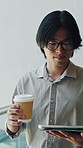 Man, walk and tablet in business with coffee, financial internship or glasses for reading company email. Person, morning drink or intern in office with tech, finance proposal or internet connectivity