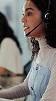 Headset, woman and call center consultant in office with help desk, crm or voip for online consultation. Talking, mic and technical support agent with virtual assistance, customer service or contact.
