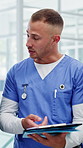 Nurse, man and meeting in hospital with clipboard, schedule management and explain medical report. Flare, healthcare worker and team in clinic with folder, manager or conversation for administration.