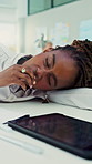Business, woman and tired with yawn in office for editing burnout, info overload and first job. Intern editor, black person and low energy from mental fatigue, boring notes and workplace adaptation