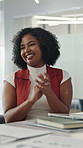 Applause, happy and woman on tablet in meeting for feedback, project approval and good news. Startup, creative agency and people with tech, clapping and excited for goals, achievement and teamwork