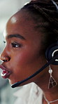 Headset, black woman and call center agent in office with help desk, crm or voip for online consultation. Talking, mic and technical support consultant with assistance, customer service or contact us