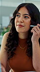 Thinking, ideas and businesswoman in office with decision, reflection or choice on legal career. Technology, job opportunity and attorney with planning for law case with solution or problem solving.