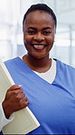 Nurse, face and woman with folder in hospital for medical help or healthcare service. Portrait, female person or doctor with smile, pride or documents for health advice, assistance or care in clinic