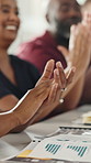 Applause, office and hands of business people with documents, finance report and profit growth. Team, happy and workers celebrate for financial review, feedback and investment success in meeting