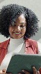 Happy, lobby and business woman on tablet for social media report, research and marketing campaign. Office, creative and person on tech for website review, planning and project for brand awareness  