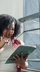 Thinking, lobby and business woman on tablet for online report, research and marketing campaign. Happy, creative and person on tech for advertising, planning and project idea for brand awareness  