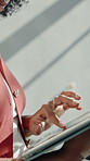 Hands, lobby and business woman on tablet for online report, research and marketing campaign. Scroll, creative and person on tech for website, planning and advertising project for brand awareness  