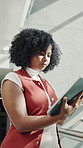 Creative, lobby and business woman on tablet for social media report, research and marketing campaign. Scroll, office and person on tech for website review, planning and project for brand awareness
