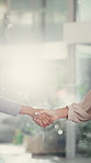Handshake, meeting and business women in office with contract, finance deal or partnership. Discussion, negotiation and financial advisor shaking hands with client for investment agreement at agency.