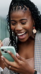 Surprise, phone and black woman with good news in city for winning, achievement or promotion. Excited, female person or shocked user with smile or smartphone for app, mobile prize or business success
