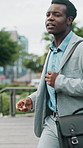 Happy, dancing and black man with bag in city for job opportunity, vibe or celebration. Excited, businessman and walking with smile, movement or positive attitude for good energy in an urban town