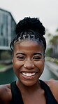 Face, fitness and selfie with black woman in city for cardio training or workout satisfaction. Exercise, laughing and pov of runner outdoor for commitment or dedication to health and wellness