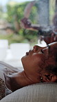 Meditation, woman or smudge stick for wellness, peace or aromatherapy smoke for alternative medicine. Herbs, sage or feather with shaman to clear energy, spiritual healing or cleansing ritual in home