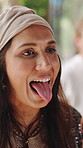 Woman, breathwork and tongue out in yoga class for meditation, stress relief and holistic health. Yogi, female person and mindfulness in wellness club with pranayama, lions breath and self care.
