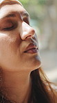 Breathe, meditation and woman with calm in morning for wellness, balance and peace for mindfulness. Zen, chakra and person with breathwork exercise for holistic healing, mental health and awareness