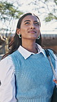 Thinking, ideas and businesswoman in city with planning, reflection or choice on finance career. Professional, confident and financial manager outdoor in urban town with decision on job opportunity.