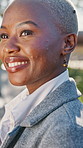 Thinking, ideas and black woman in city with planning, reflection or choice on finance career. Professional, happy and financial manager outdoor in urban town with decision on job opportunity.