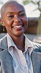 Laugh, face and business woman in city for morning commute, travel and trip for finance career. Portrait, happy and African person in town with confidence, pride and opportunity for corporate job