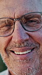 Optometry, face and elderly man with glasses, optical lenses and prescription results for vision. Healthcare, happy and senior person with portrait, eyewear choice and ocular care in retirement.