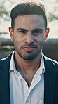 Happy, face and business man in city for morning commute, travel and trip to work for finance career. Portrait, smile and person in town with confidence, pride and opportunity for corporate job