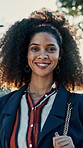 Creative, face and business woman in city for morning commute, travel and trip for startup career. Portrait, happy and person with confidence, pride and consultant for brand campaign opportunity