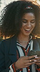 Laugh, businesswoman or texting with phone outdoor for funny listing, industry meme or notification. Employee, real estate agent or happy with mobile app for property negotiation, comic email or chat